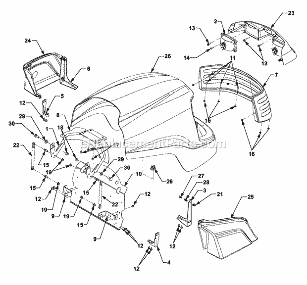 Hood, Grill And Side Panels Diagram and Parts List for 5254E 54AE542-710, 54BE542-710, 54CE542-710 Cub Cadet Lawn Tractor